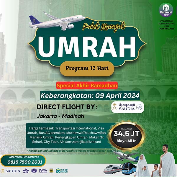 Umrah Akhir Ramadhan 1445H-Awal Syawal ,Khazzanah Tour, Paket 12 hari, Keberangkatan 9 April 2024